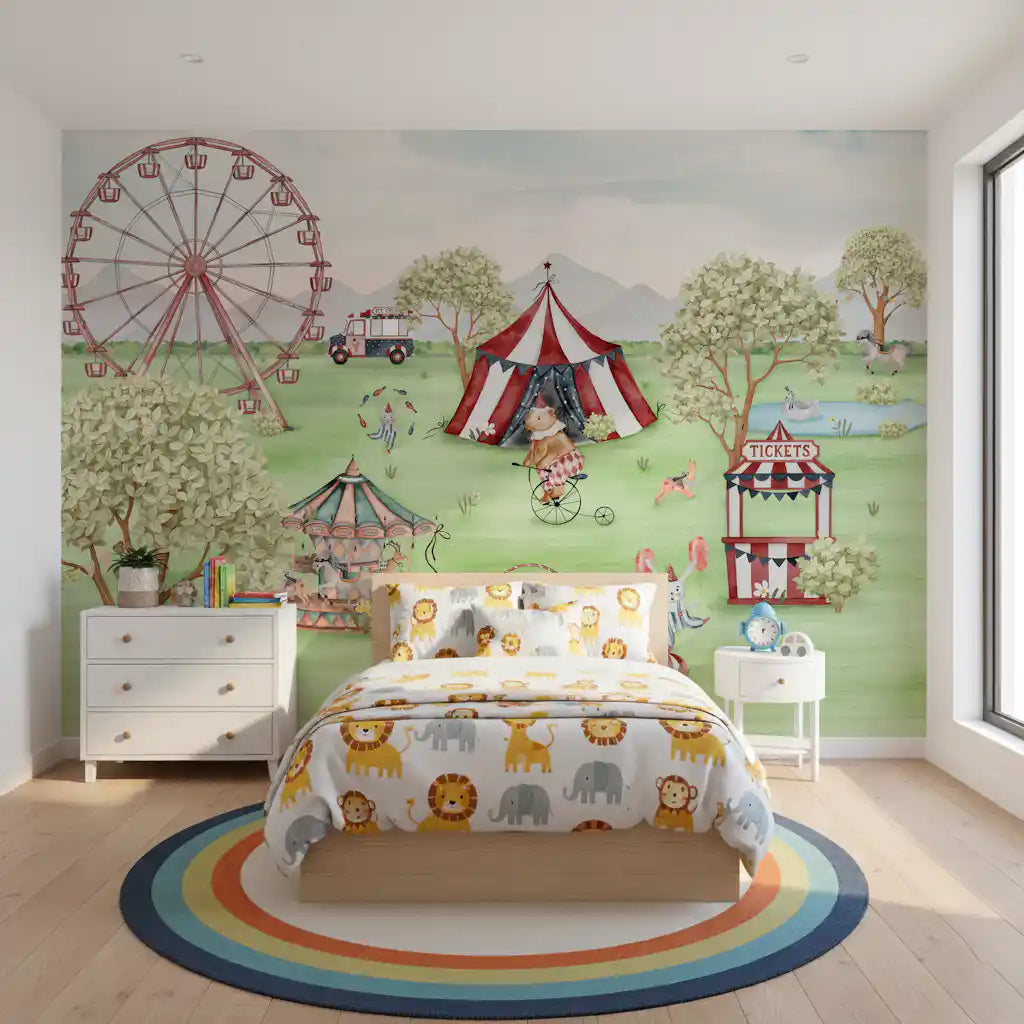 Pastel Kids room featuring the Carnival Meadow wall mural behind a cot