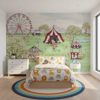 Pastel Kids room featuring the Carnival Meadow wall mural behind a cot