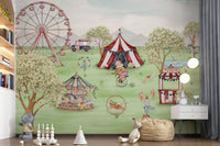 Playroom scene the Whimsical Meadow Carnival wall mural a teddy corner