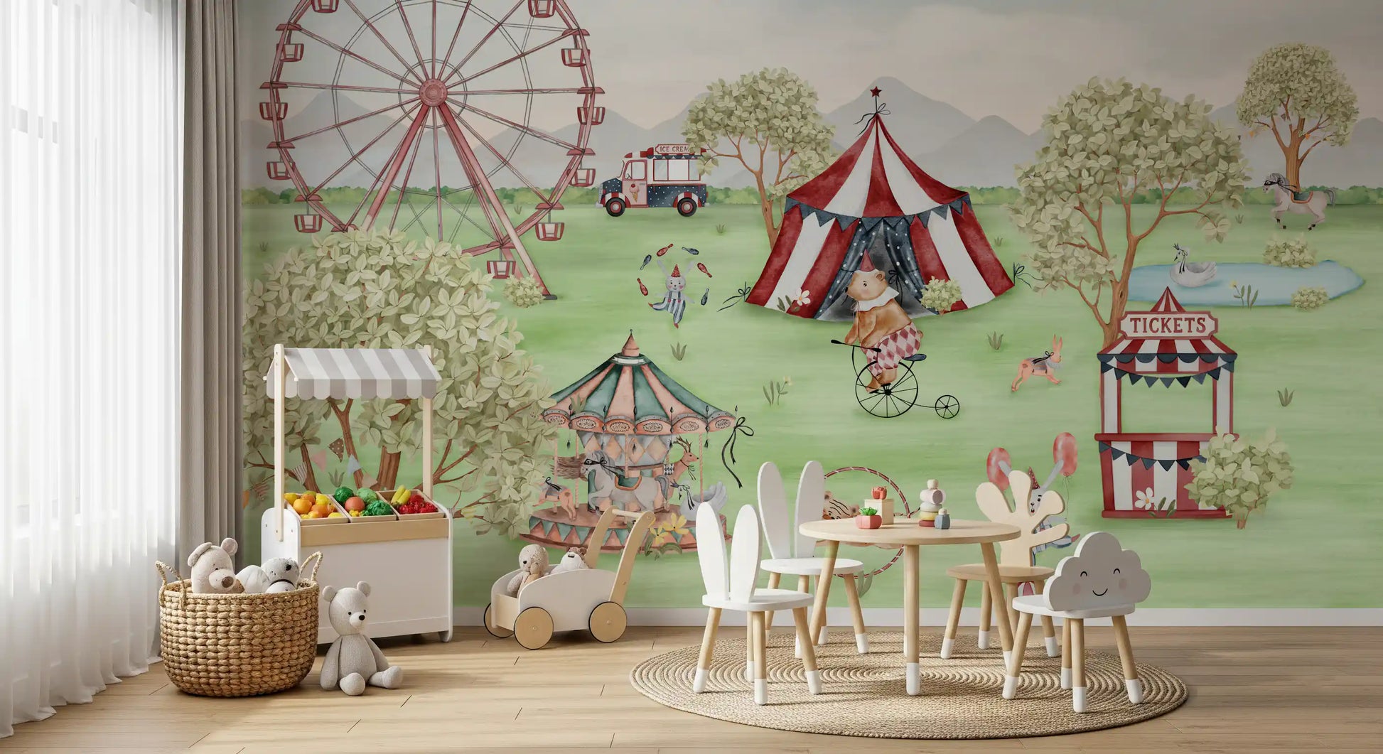 Storybook fairground scene printed as a kids' wall mural in pinks