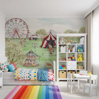 Children's bedroom paired with a rainbow rug and the carnival wall mural