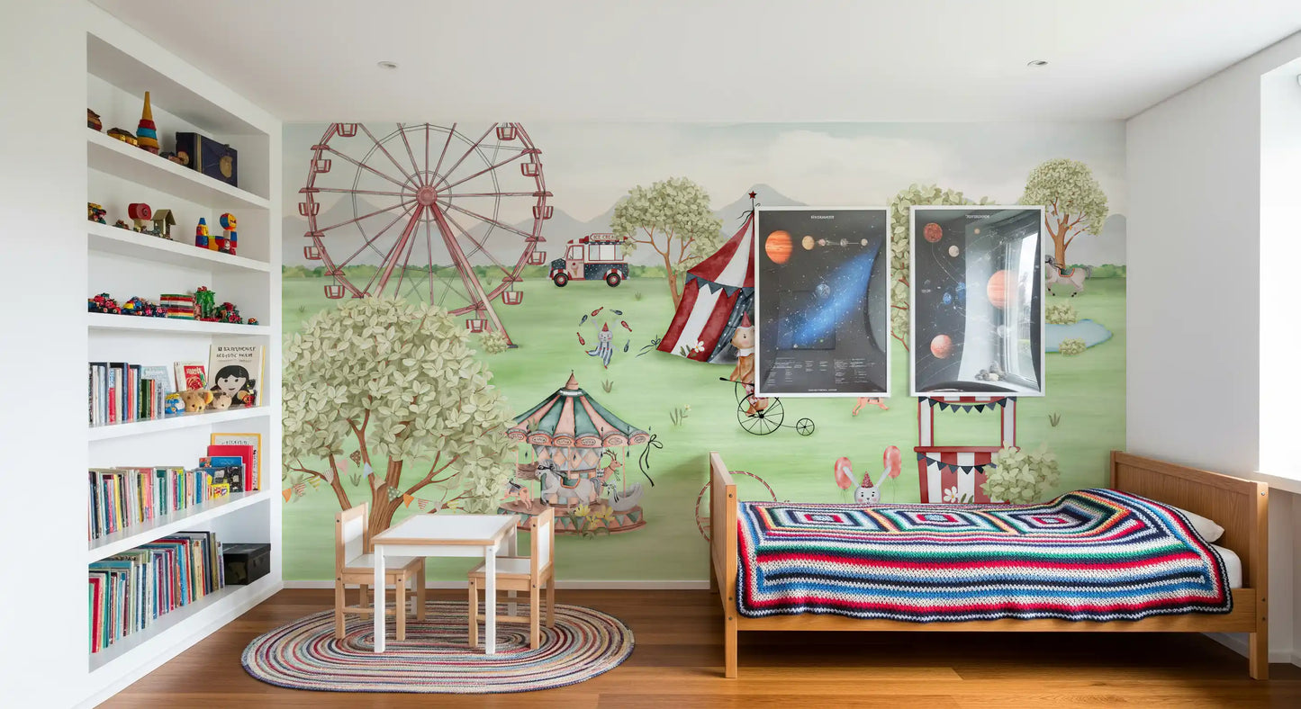 Watercolour carnival wall mural with clown and cycling bear on green field
