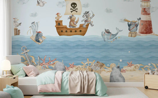 Kids' room with the Nautical Friends Ahoy wall mural 