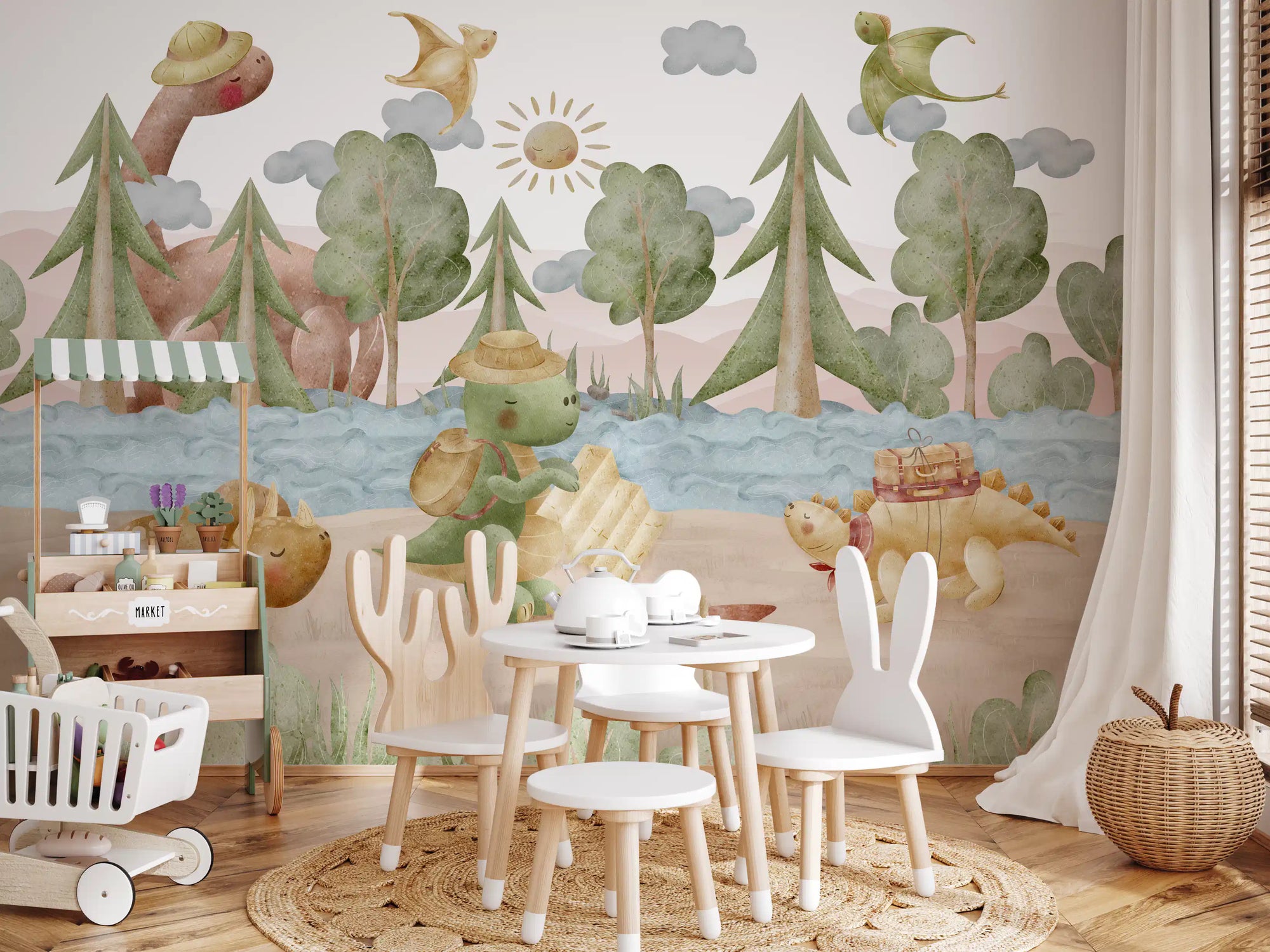 Little Explorer's Journey wall mural styled across a bright playroom corner
