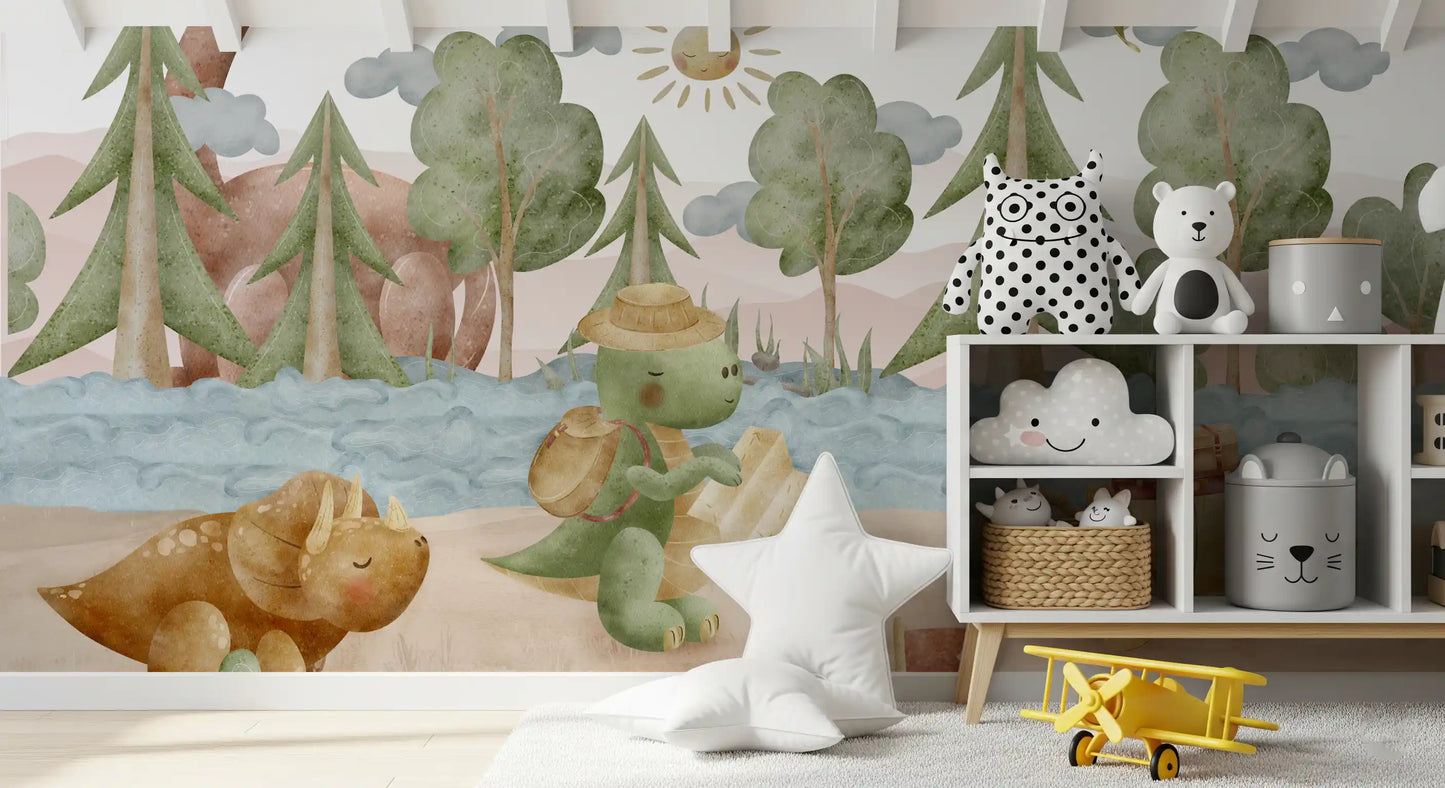 Triceratops resting in leafy bushes within the Dino Explorer's wall mural