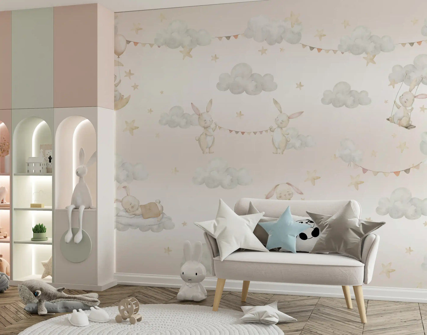 Dreamy Bunny Cloud Adventures Wall Mural