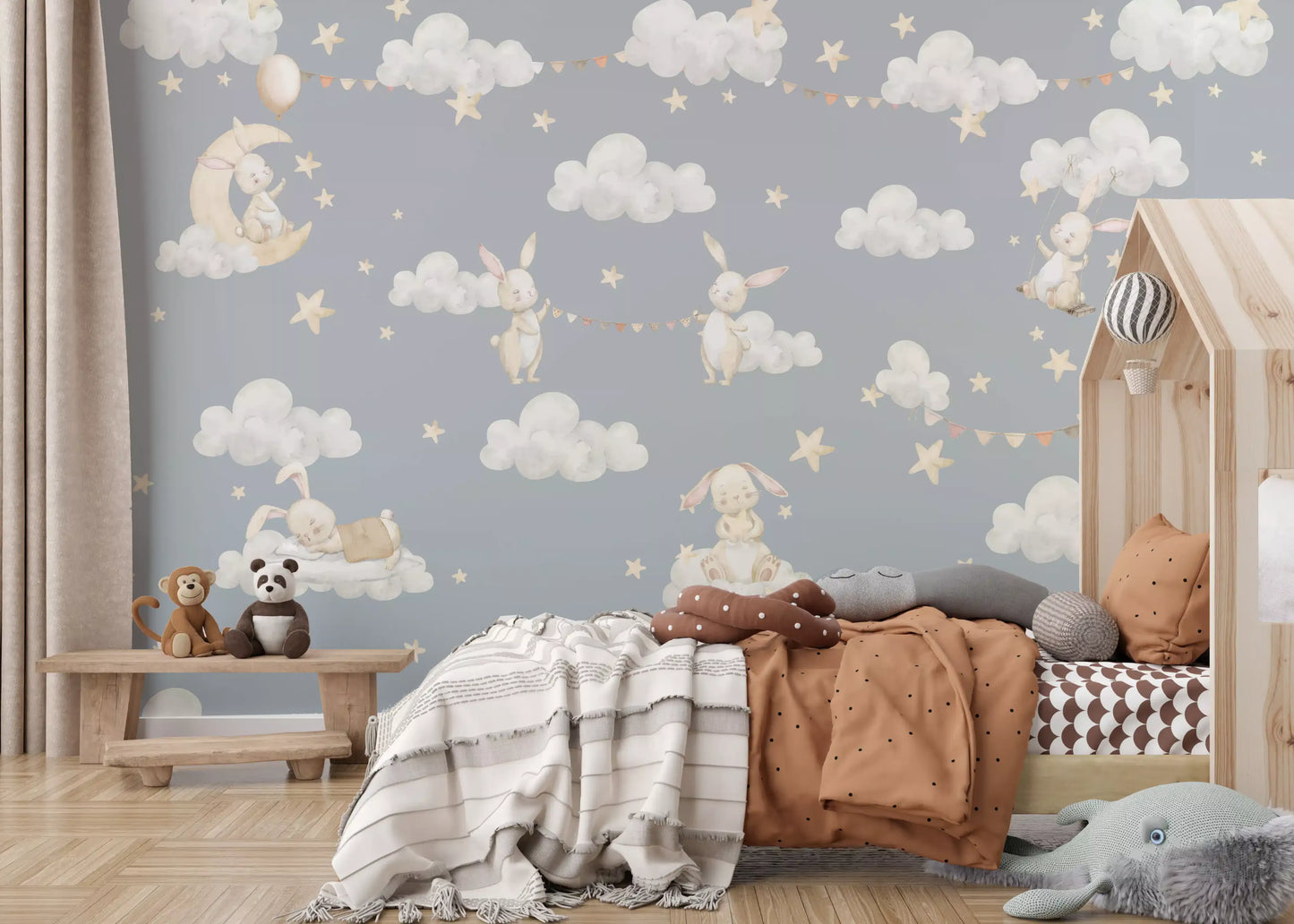 Dreamy Bunnies & Starry Clouds Wall Mural