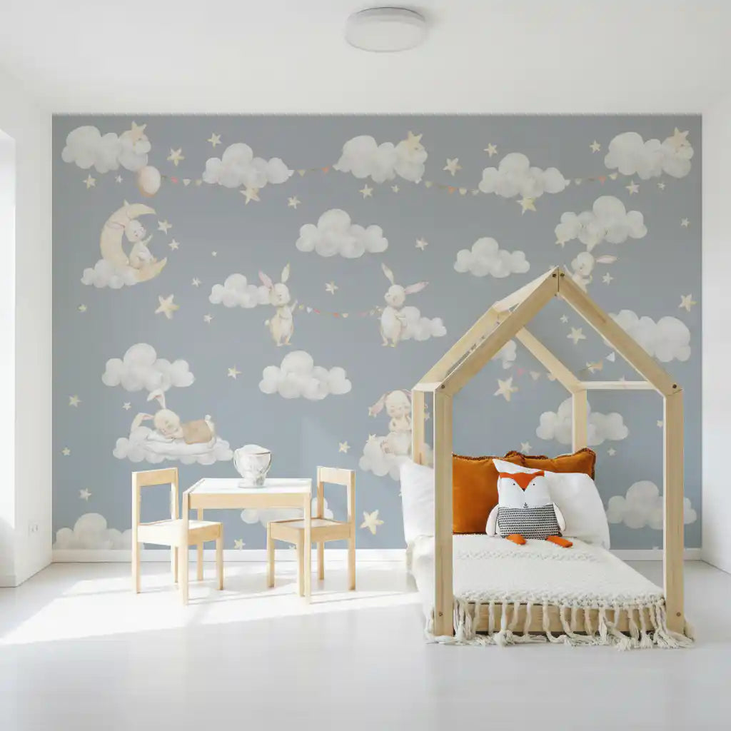 Dreamy Bunnies & Starry Clouds Wall Mural