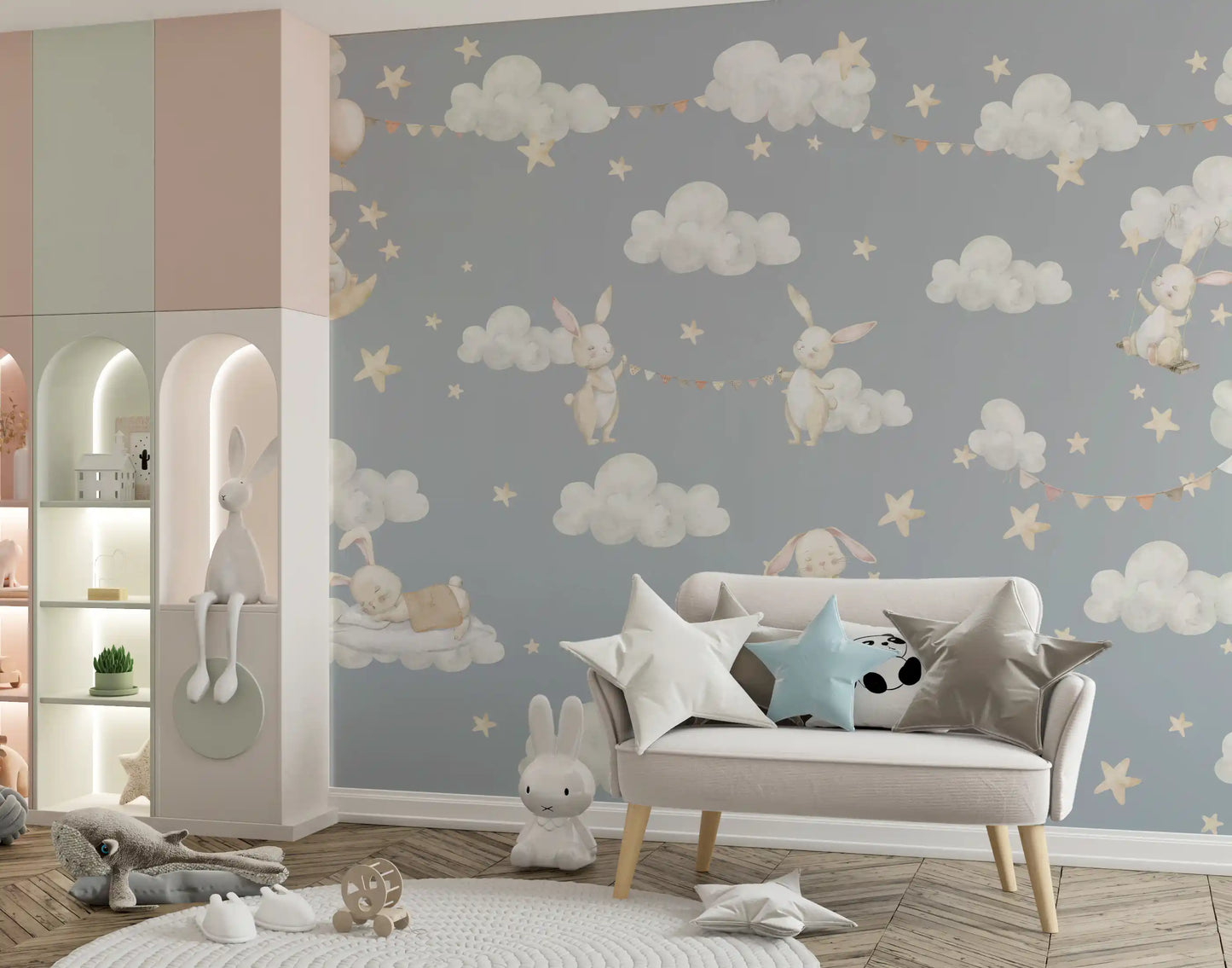 Dreamy Bunnies & Starry Clouds Wall Mural