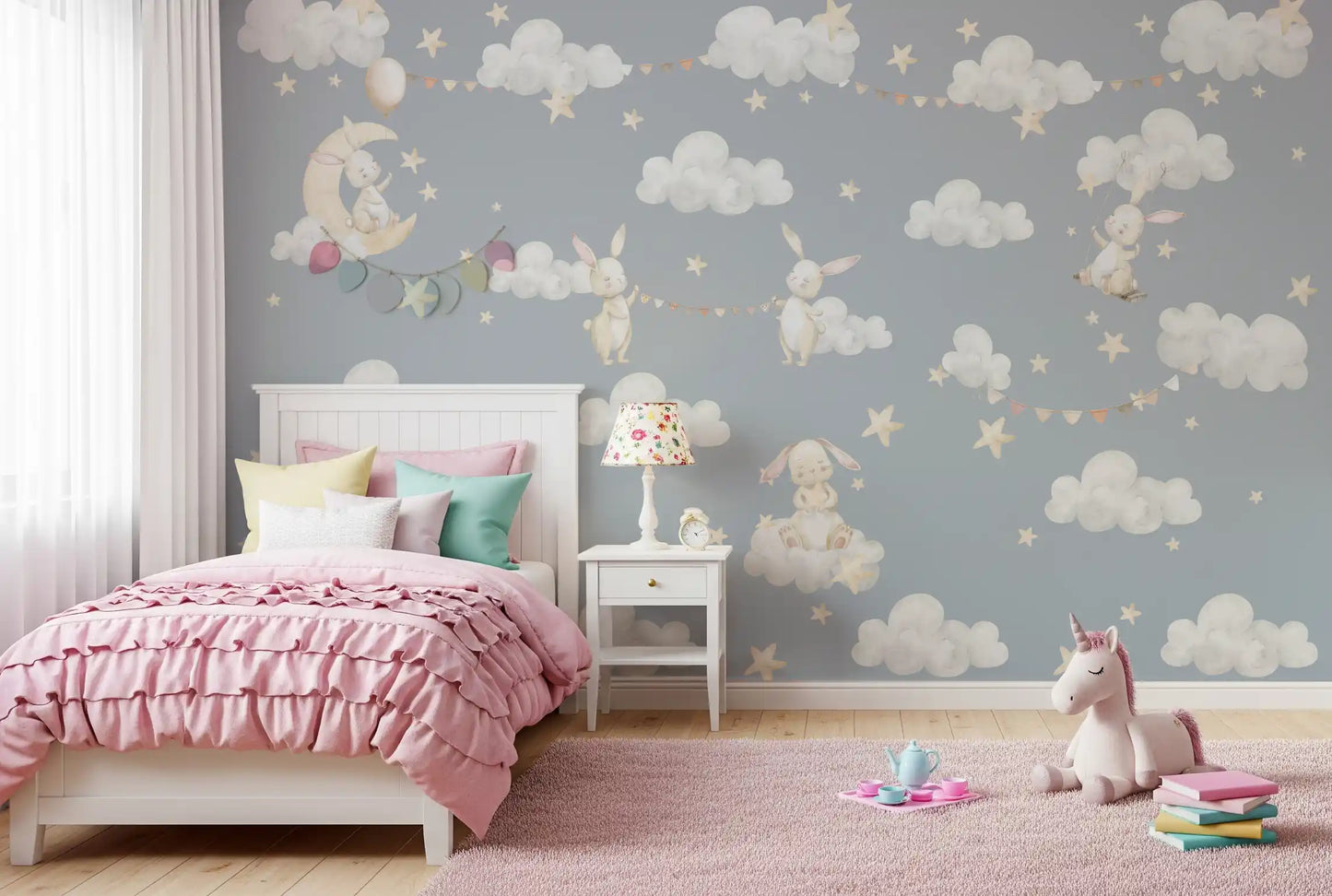 Dreamy Bunnies & Starry Clouds Wall Mural