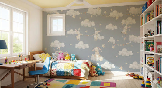Kids room fitted with the Dreamy Bunnies Clouds wall mural 