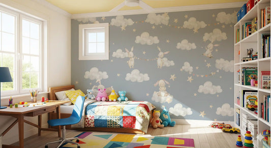 Kids room fitted with the Dreamy Bunnies Clouds wall mural 