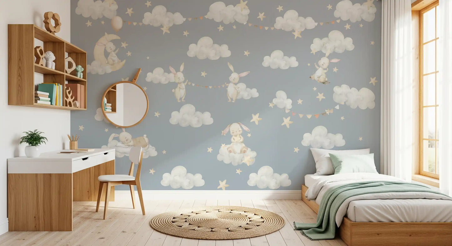 Dreamy Bunnies & Starry Clouds Wall Mural