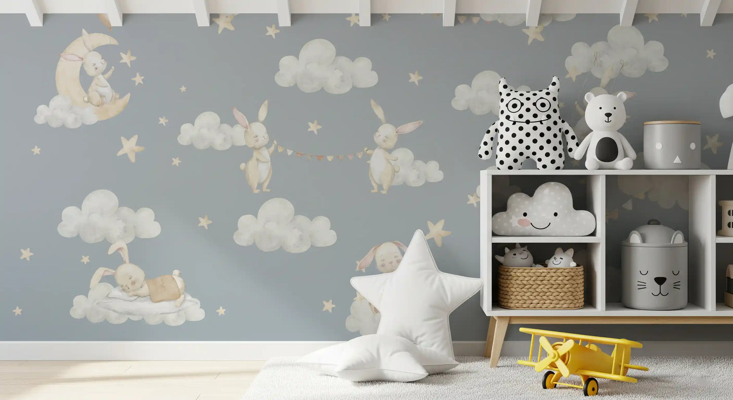 Dreamy Bunnies & Starry Clouds Wall Mural