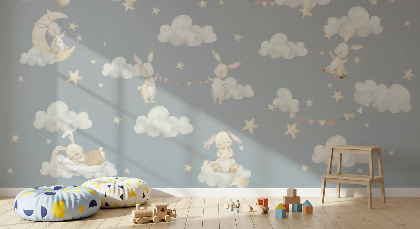 Dreamy Bunnies & Starry Clouds Wall Mural
