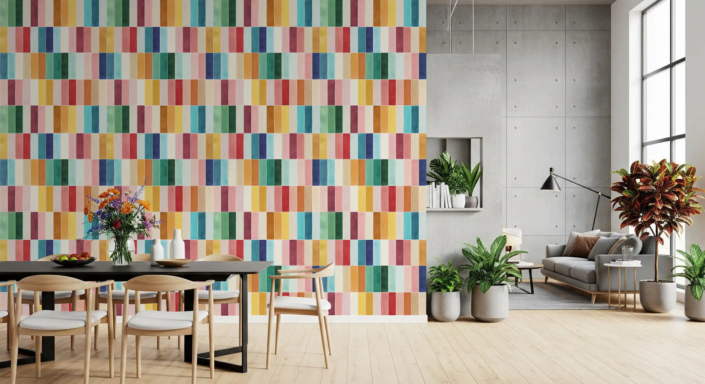 Colourful Watercolor Tiles wallpaper styled Living and dining room feature