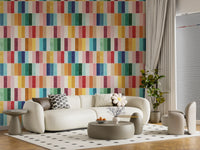 Pink, mustard, teal, navy, and cream rows shape the Colourful Watercolour Tiles Wallpaper
