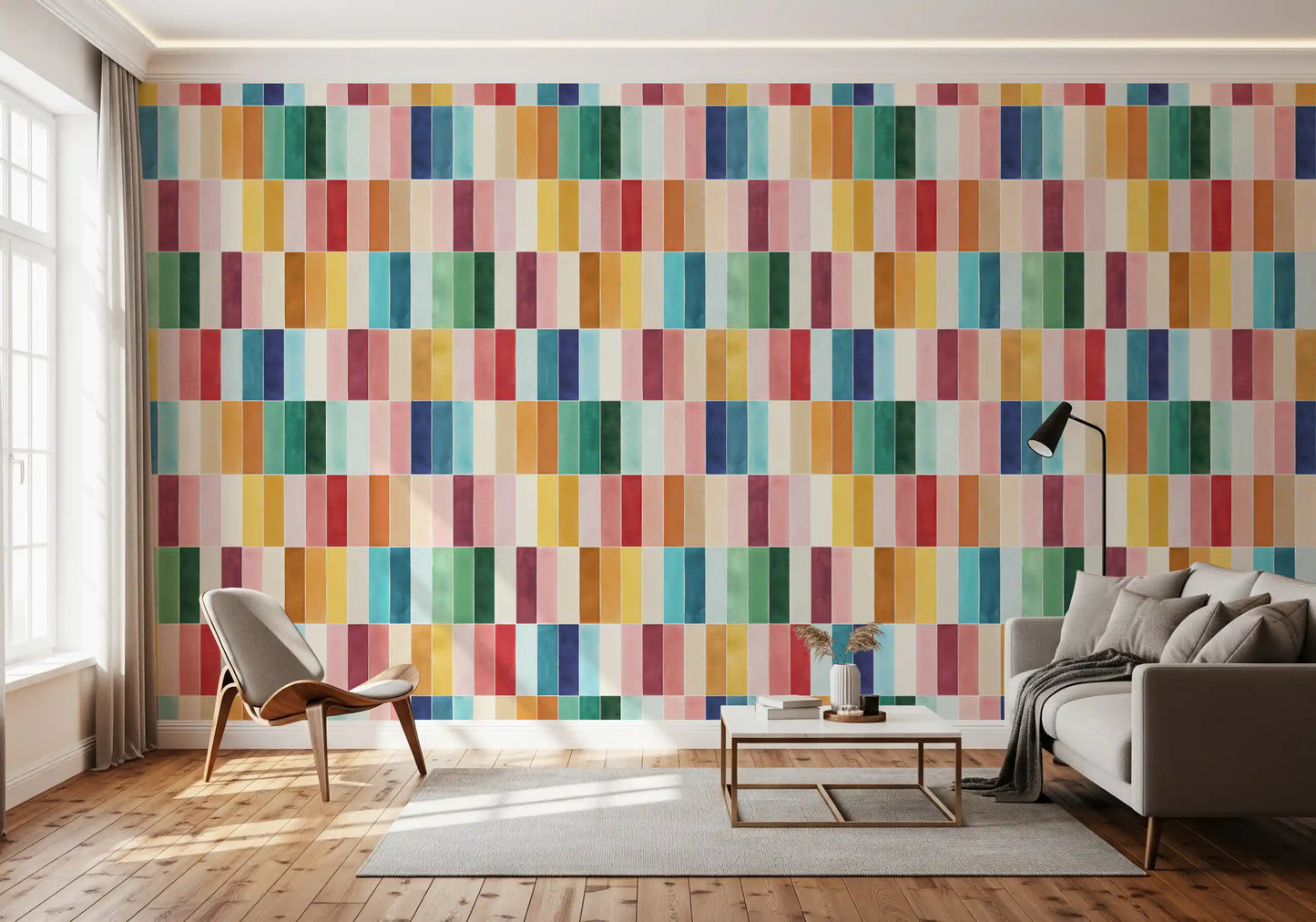Watercolour pigment fades softly inside each rectangle of the wallpaper
