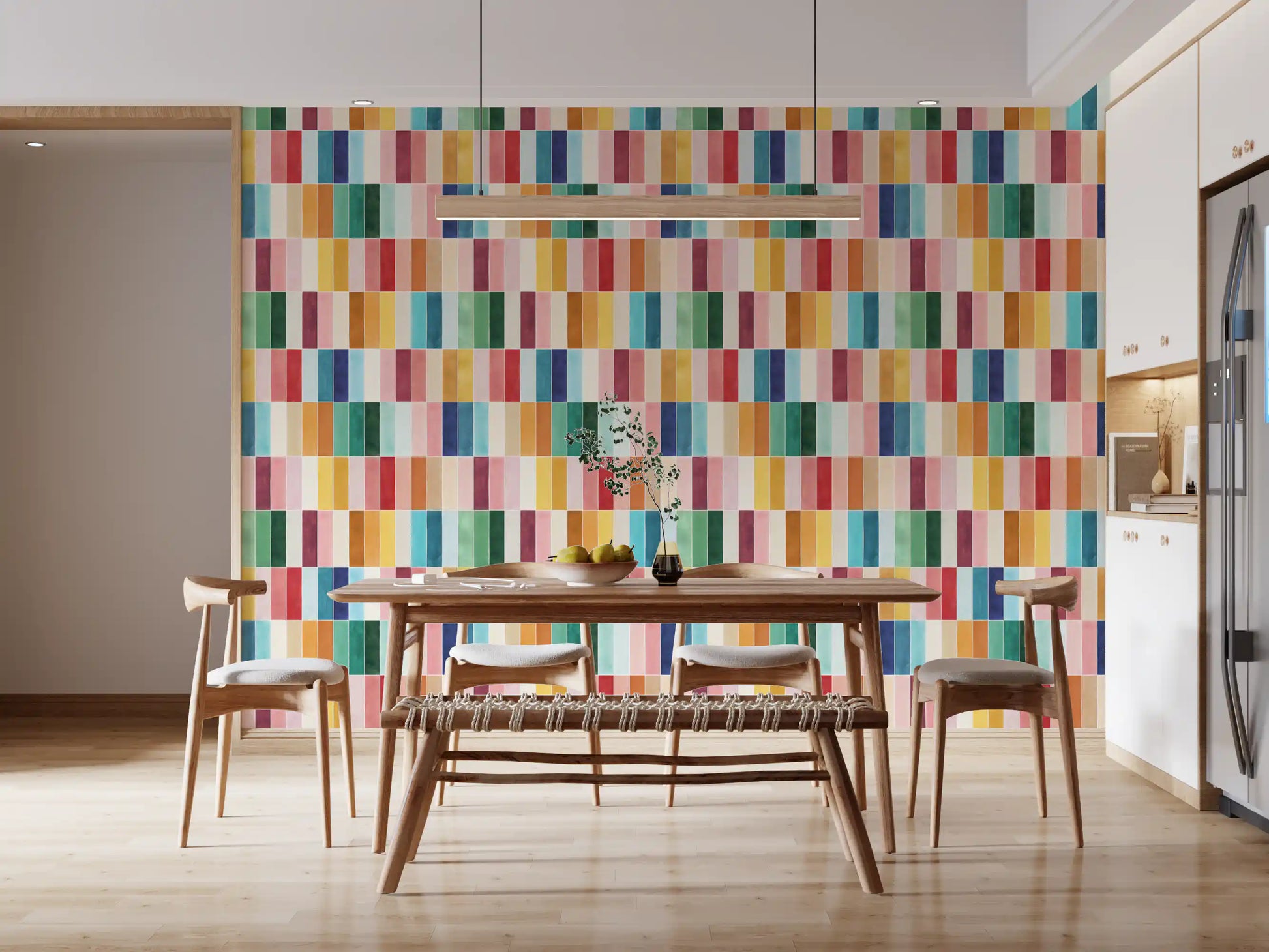 Kitchen-dining area lifted by a grid of watercolour blocks in warm tones