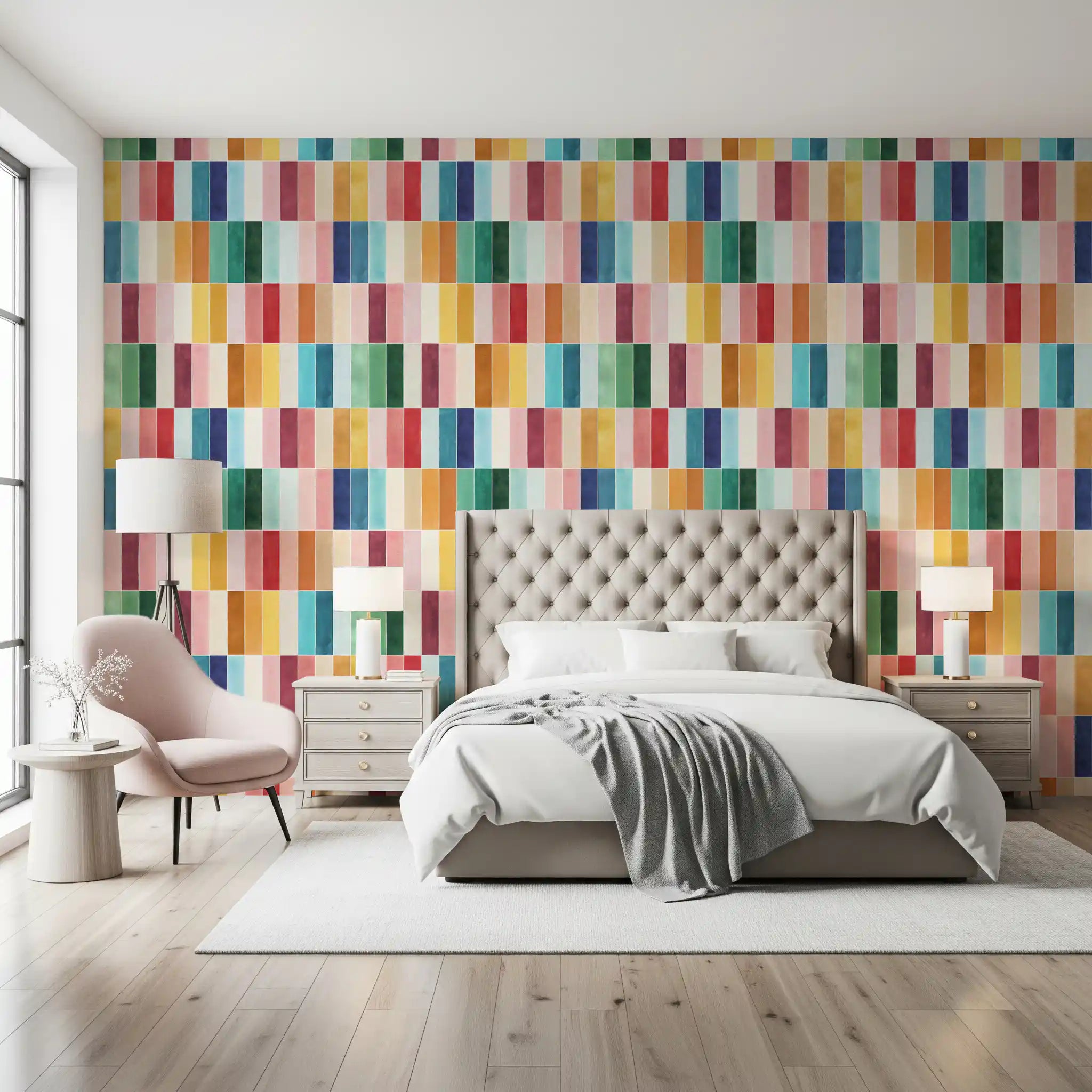 Rectangular Tiles Wallpaper in Colourful Watercolour Tones