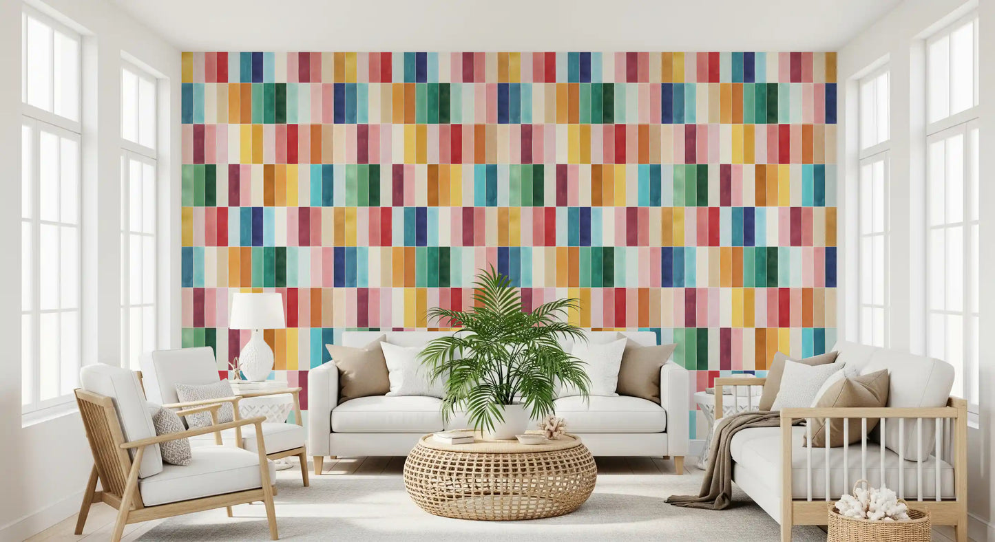 Living room corner painted in stacked pink, mustard, and teal rectangles