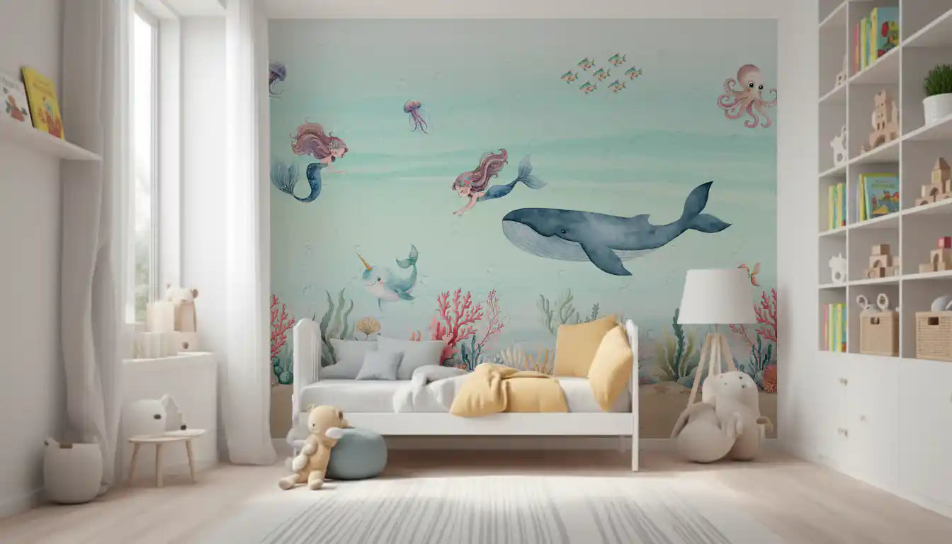 Toddler room paired with the Mermaid's Ocean Dream wall mural and soft toys