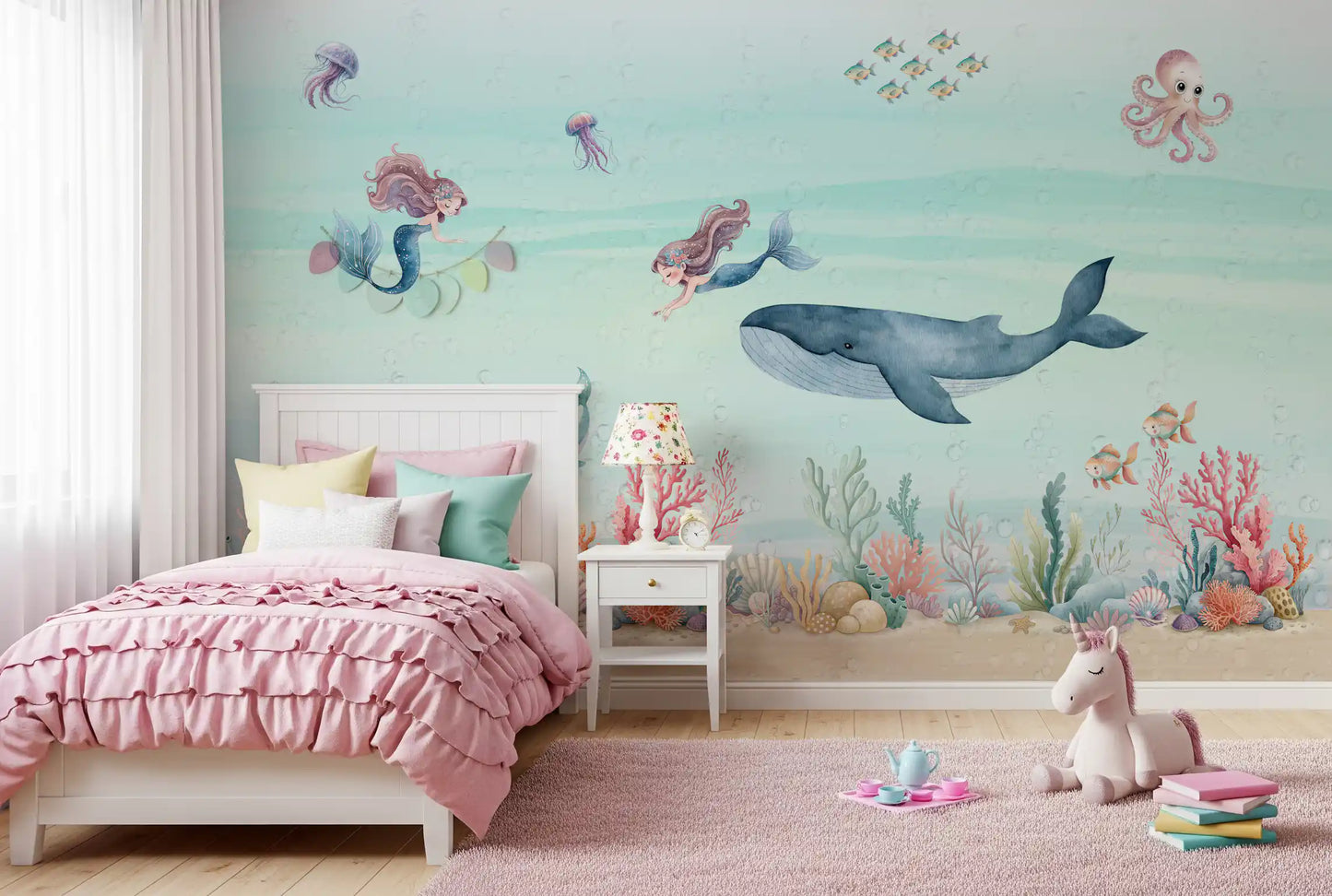 Girl Bedroom the underwater Ocean Dream wall mural beside a rug