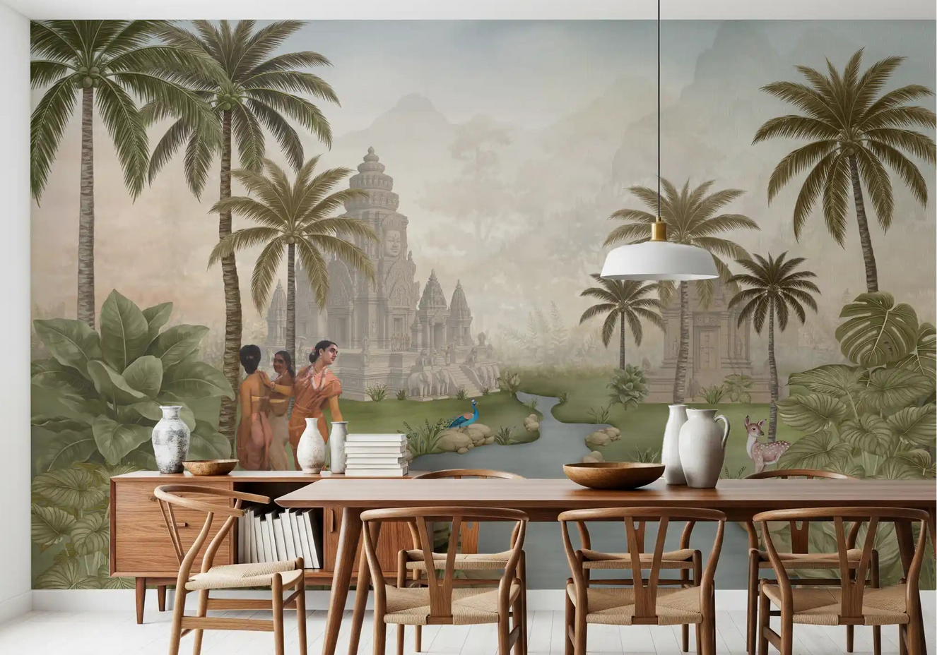 Dining room set around the Eastern Serenity Grove wall mural in sage tones