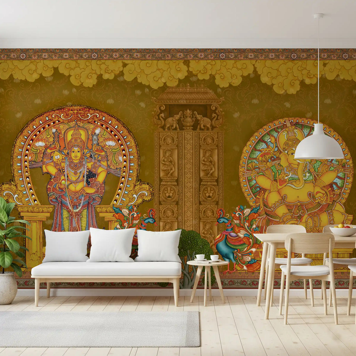 Dining room set with rattan chairs facing the Kerala Mural Deities wall mural