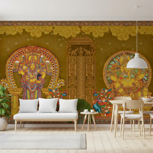 Dining room set with rattan chairs facing the Kerala Mural Deities wall mural