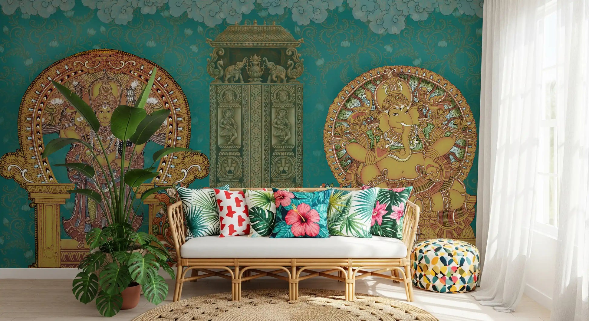 Detail of mustard and teal panels on the Indian Grandeur wall mural