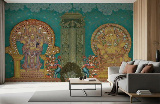 Living room with grey sofa facing the Divine Indian Grandeur wall mural in teal and gold