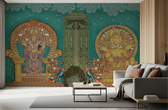 Living room with grey sofa facing the Divine Indian Grandeur wall mural in teal and gold