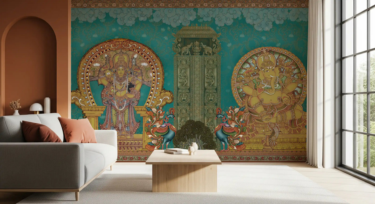 Gold filigree backdrop of the Divine Grandeur wall mural in close range