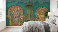 Peacocks beside a stylised tree on the deity and temple wall mural
