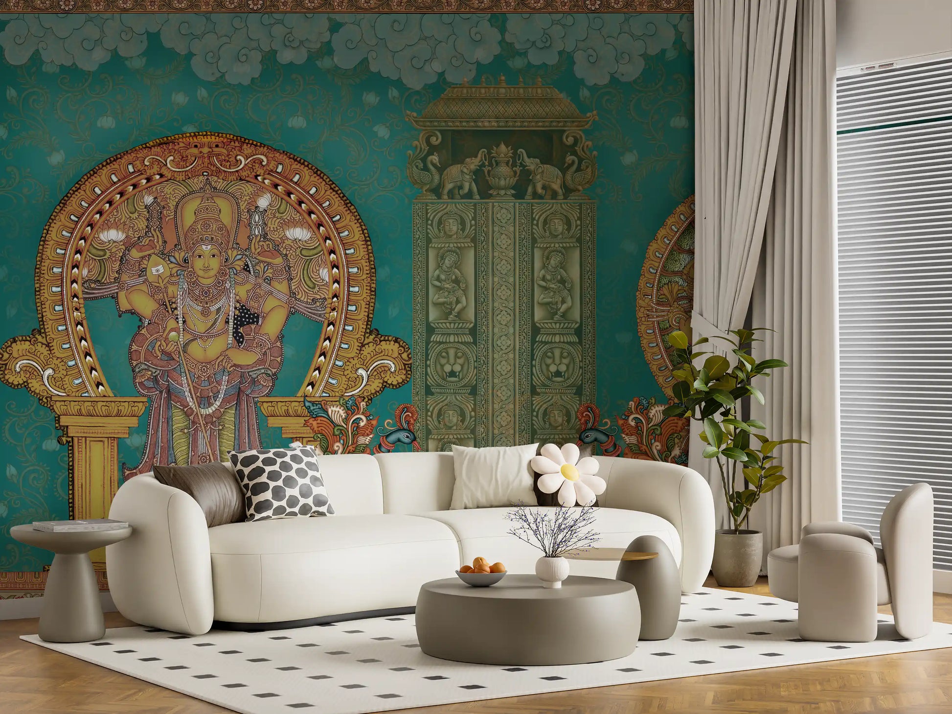 Light neutral living room with the temple wall mural as the back panel