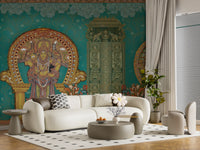 Light neutral living room with the temple wall mural as the back panel