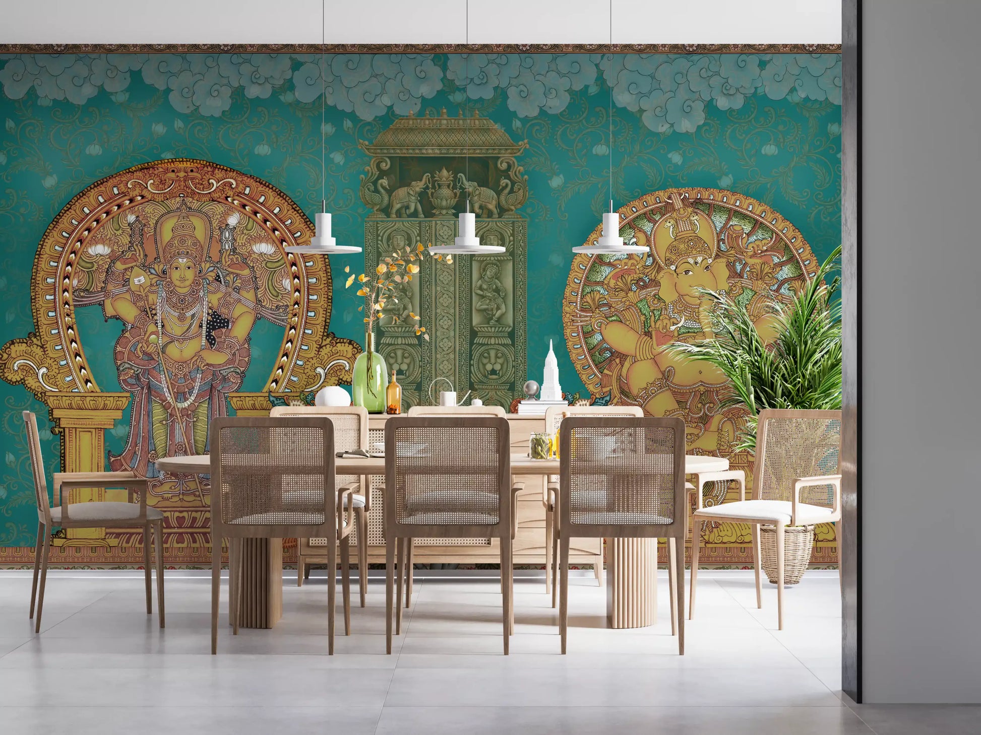 Cream sofa Dining room styled around the Divine Indian Grandeur wall mural