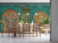 Cream sofa Dining room styled around the Divine Indian Grandeur wall mural