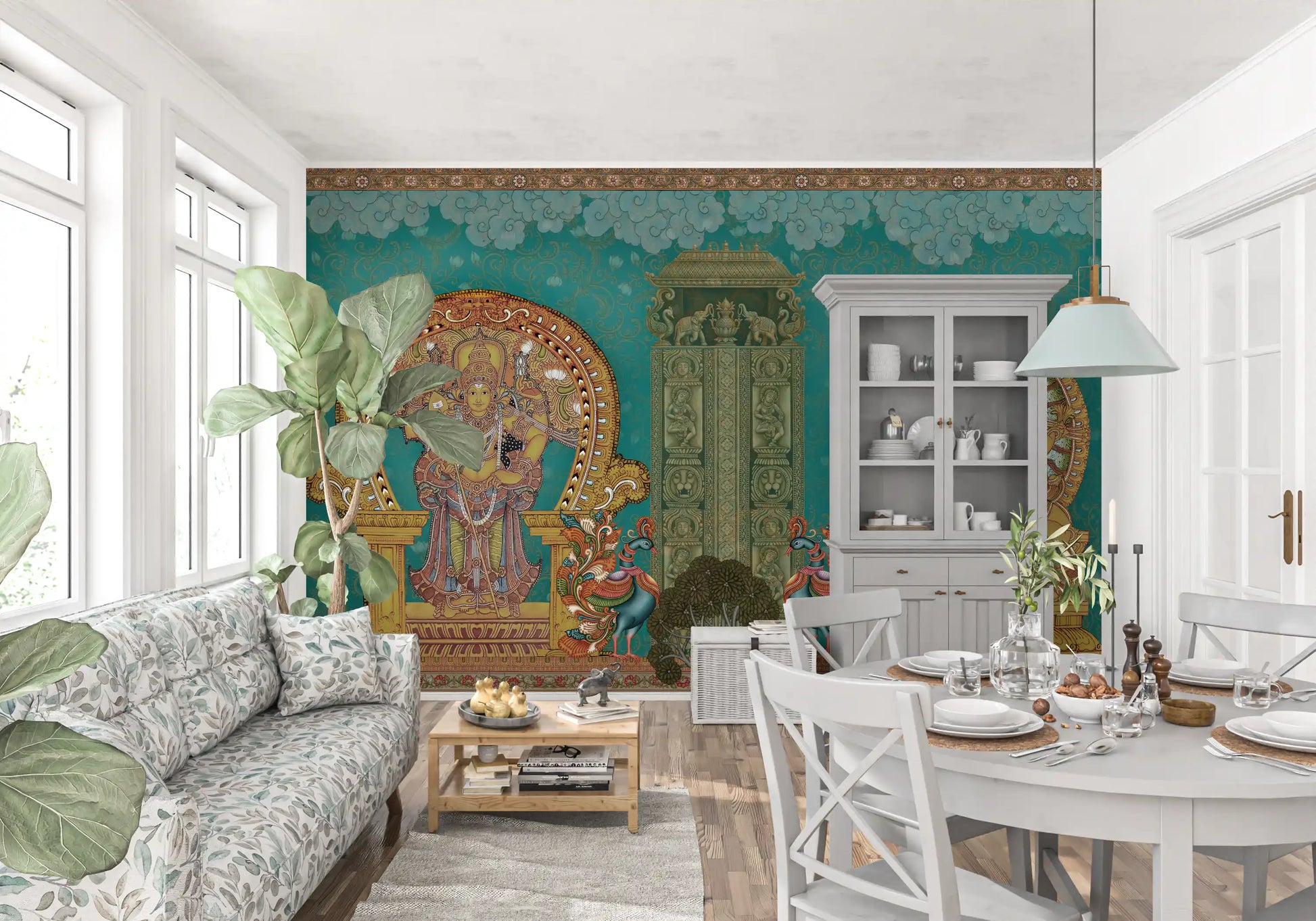 Dining room where the Divine Indian Grandeur wall mural sits behind