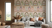 Tight grid of palace alcoves builds the rhythm of the Mughal Garden wall mural