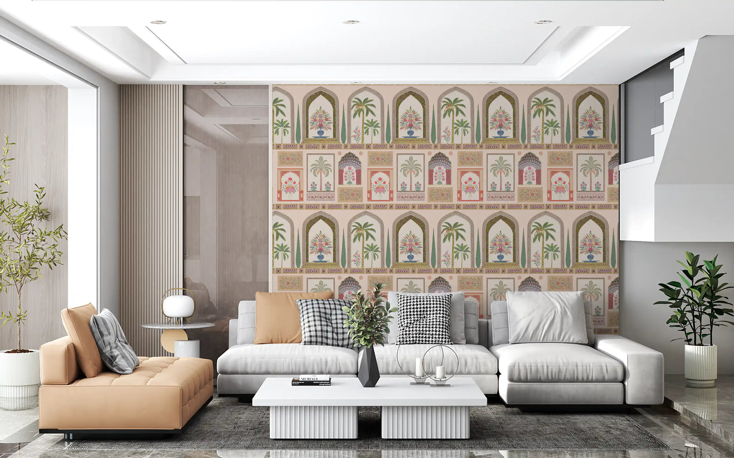 Arched hold palms and floral urns across Mughal Garden Palace wall mural