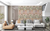 Arched hold palms and floral urns across Mughal Garden Palace wall mural