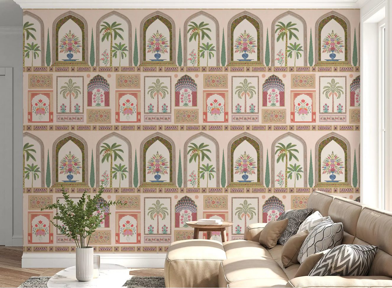 Mughal Garden Palace wall mural sets the backdrop of a soft, layered living room