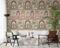 Cypress spires sit between palm panels on this Palace wall mural