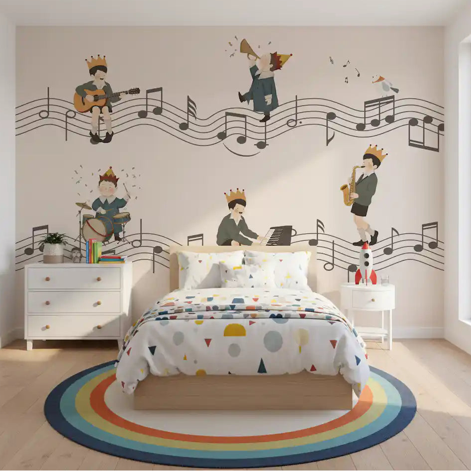 Playful and lively, a kids' room shows off the Whimsical Melody Makers wall mural.