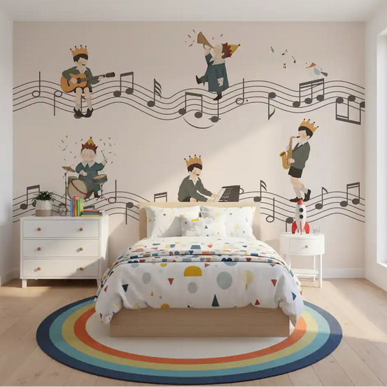 Playful and lively, a kids' room shows off the Whimsical Melody Makers wall mural.