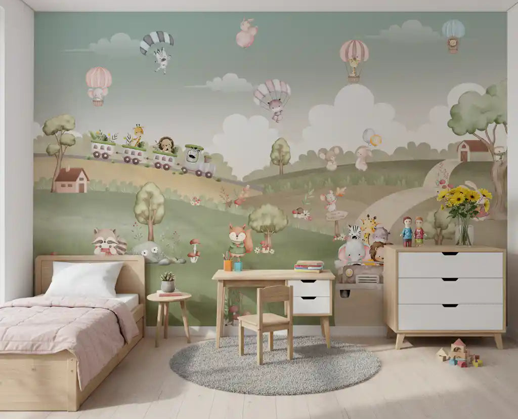 Pastel kids' room finished with the Whimsical Woodland Adventure wall mural 