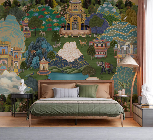 Bedroom with a green bed below the Royal Gardens of Mystical Lands wall mural.