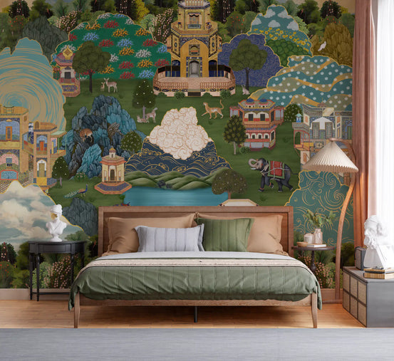 Bedroom with a green bed below the Royal Gardens of Mystical Lands wall mural.